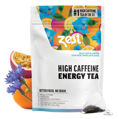 Energy Tea Bags – Blue Lady Passion Fruit Black Tea – High Caffeine Tea for Morning Energy, Focus & Clarity – Natural Caffeinated Tea with 150Mg Caffeine – 20Ct Pack – Non-Gmo & Keto Friendly