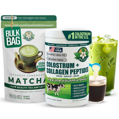 Wellness Bundle (Japanese Ceremonial Matcha Powder and Bovine Colostrum+Collagen Peptides) Organic Matcha for Energy & Focus with Grass-Fed Collagen for Gut & Joint Health, Beauty Supplement