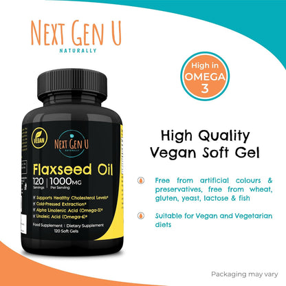Flaxseed Oil Capsules - 1000 Mg - 120 Vegan Soft Gels - High in Omega 3, 6, 9 - Cold Pressed Flax Seed Formula - 4 Months Supply - by Nextgenu