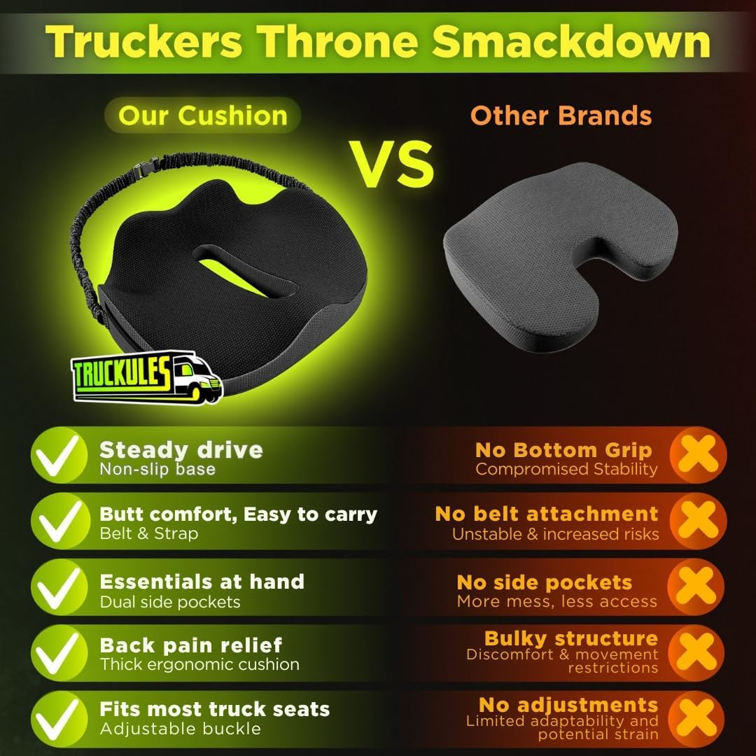 Large Truck Seat Cushion for Truck Driver Seat Cushion - Upgraded Back Support, Certipur-Us® Certified - Thick Memory Foam, Pain Relief for Hours of Driving, Trucker Approved Big Rig - Black