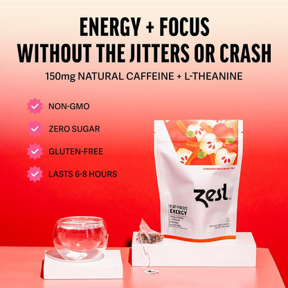 Cinnamon Apple Spice Energy Tea – High Caffeine Black Tea Bags for Focus, Clarity & Morning Energy – Natural Non-Gmo Caffeinated Breakfast Tea – Cozy Fall Focus Tea with 150Mg Caf – 20Ct Pack