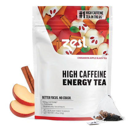 Cinnamon Apple Spice Energy Tea – High Caffeine Black Tea Bags for Focus, Clarity & Morning Energy – Natural Non-Gmo Caffeinated Breakfast Tea – Cozy Fall Focus Tea with 150Mg Caf – 20Ct Pack
