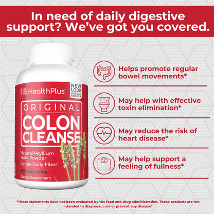 Colon Cleanse Digestive Support | All Natural Daily Fiber for Toxin Elimination to Reduce Bloating | Psyllium Husk | Supports Heart Health | 200 Capsules, 33 Servings