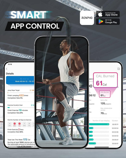 RENPHO Smart Jump Rope with Counter, App Data Tracking, LCD Display | App Data Storage & Analysis, Tangle-Free Design, Adjustable Workout Rope, Fitness Training for Crossfit, Gym & MMA
