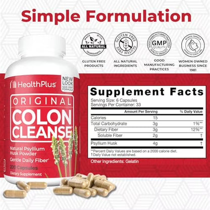 Colon Cleanse Digestive Support | All Natural Daily Fiber for Toxin Elimination to Reduce Bloating | Psyllium Husk | Supports Heart Health | 200 Capsules, 33 Servings