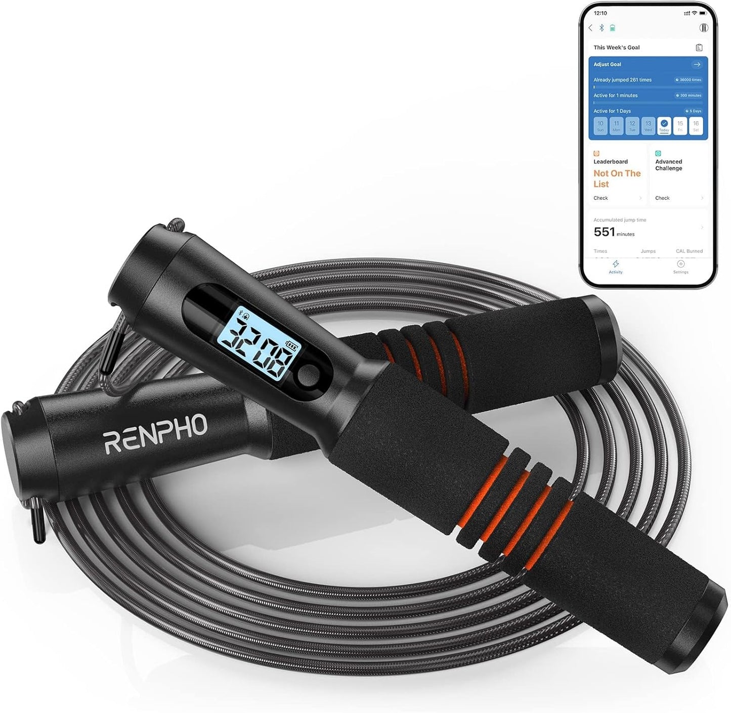 RENPHO Smart Jump Rope with Counter, App Data Tracking, LCD Display | App Data Storage & Analysis, Tangle-Free Design, Adjustable Workout Rope, Fitness Training for Crossfit, Gym & MMA