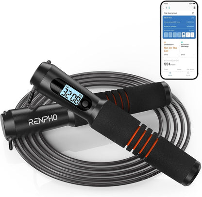 RENPHO Smart Jump Rope with Counter, App Data Tracking, LCD Display | App Data Storage & Analysis, Tangle-Free Design, Adjustable Workout Rope, Fitness Training for Crossfit, Gym & MMA