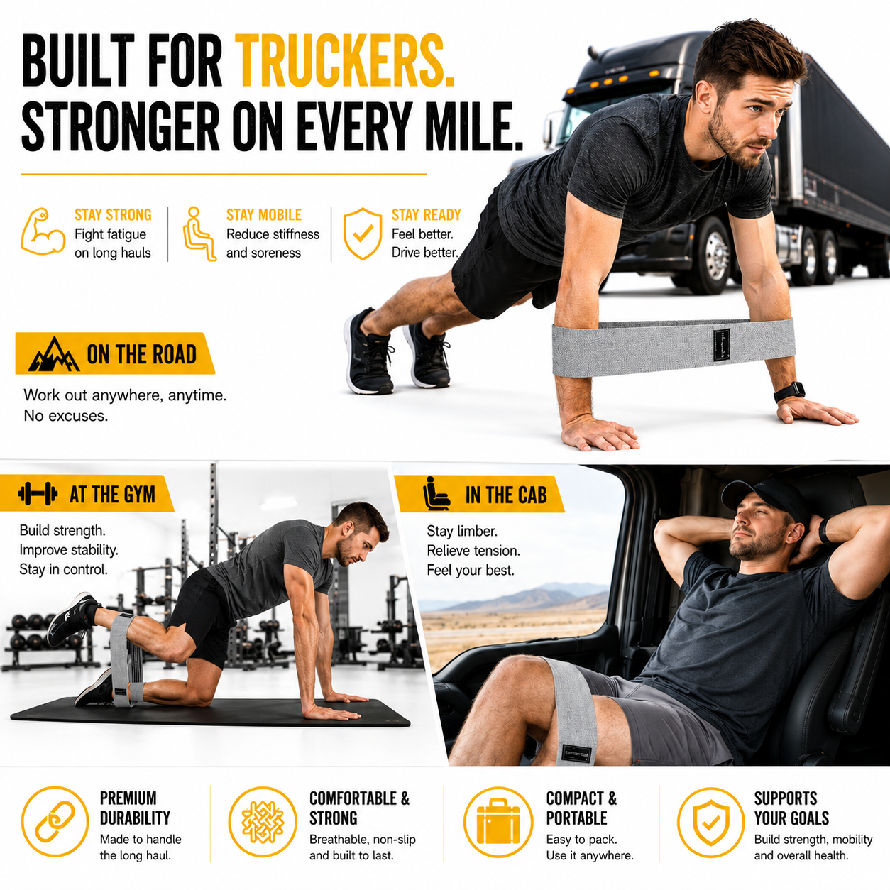 Fabric Resistance Bands, 3 Levels – Portable Leg & Hip Workout for Truckers