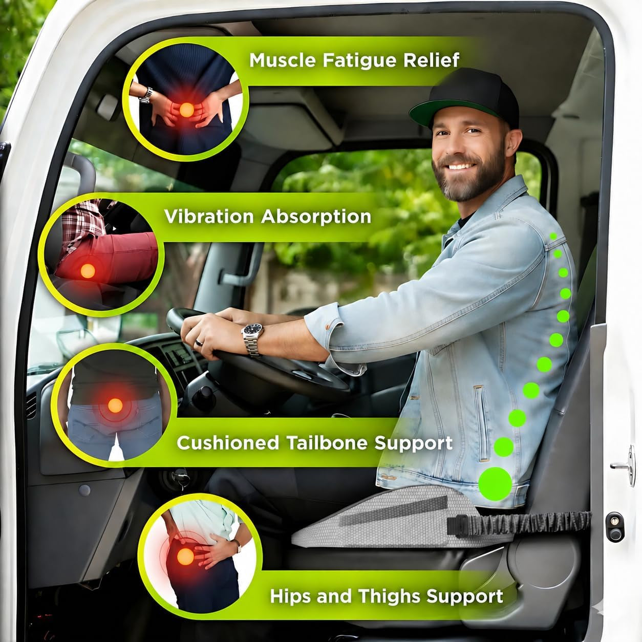 Large Truck Seat Cushion for Truck Driver Seat Cushion - Upgraded Back Support, Certipur-Us® Certified - Thick Memory Foam, Pain Relief for Hours of Driving, Trucker Approved Big Rig - Black