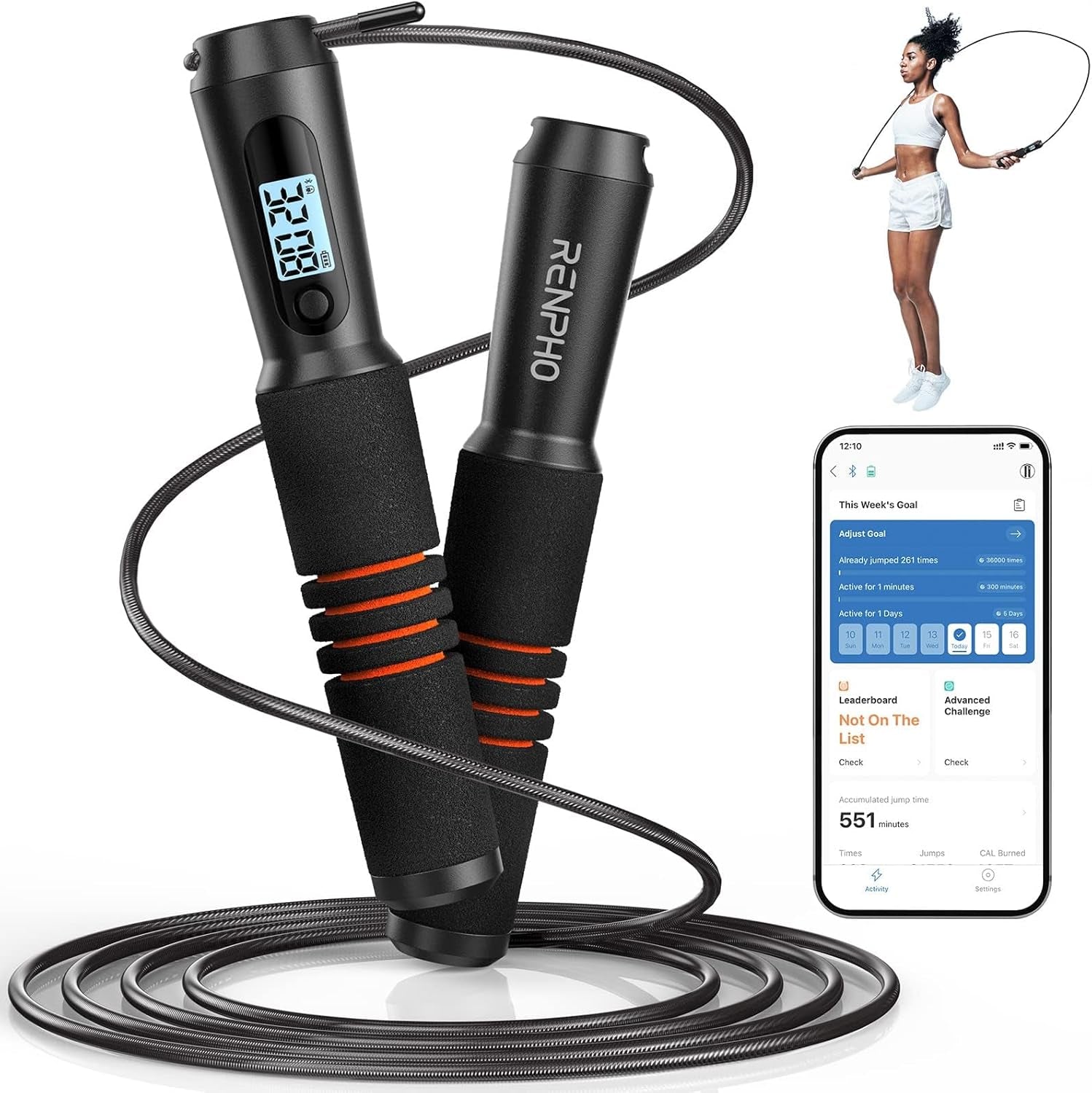 RENPHO Smart Jump Rope with Counter, App Data Tracking, LCD Display | App Data Storage & Analysis, Tangle-Free Design, Adjustable Workout Rope, Fitness Training for Crossfit, Gym & MMA