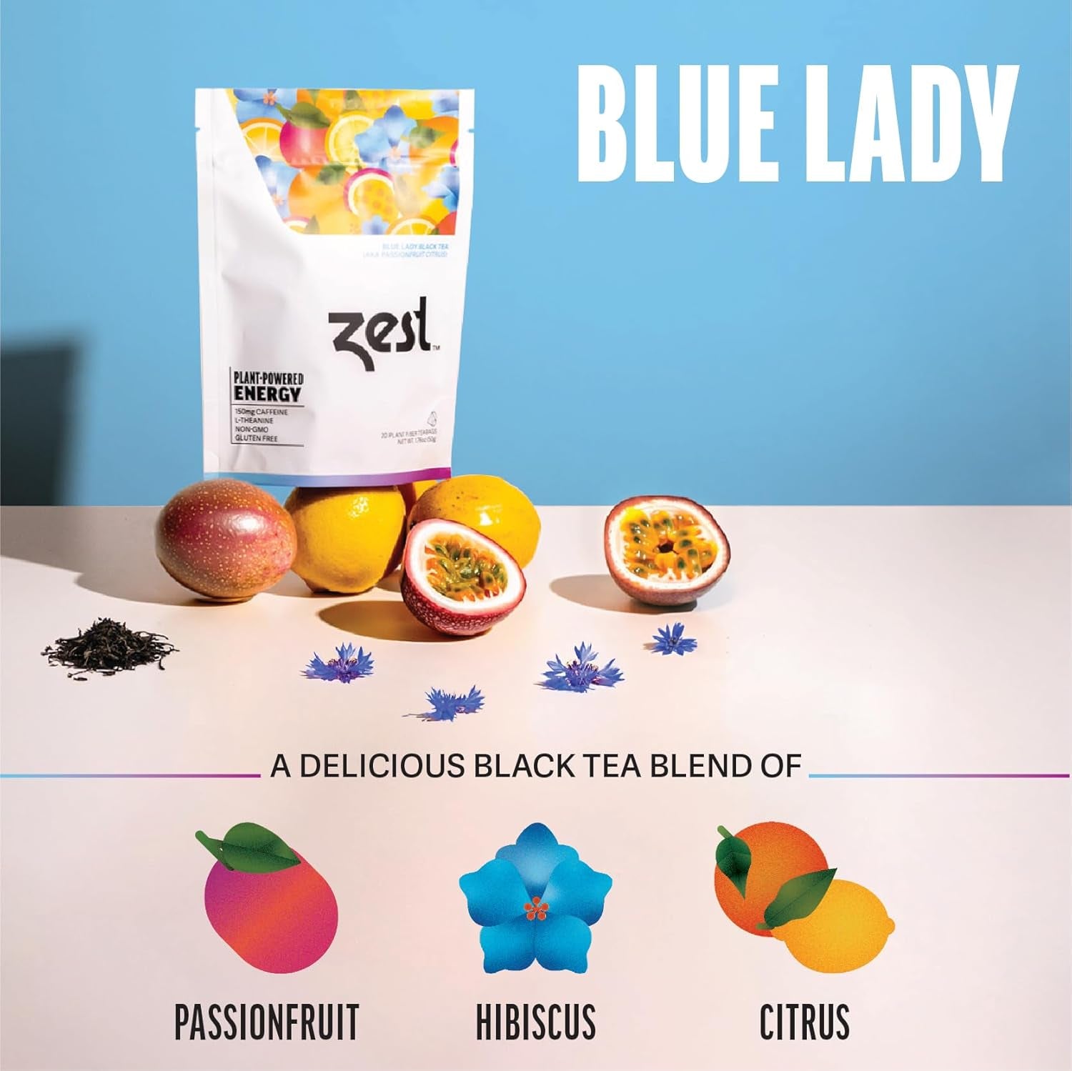 150Mg High Caffeine Blue Lady Black Tea - 20 Pack - All Natural