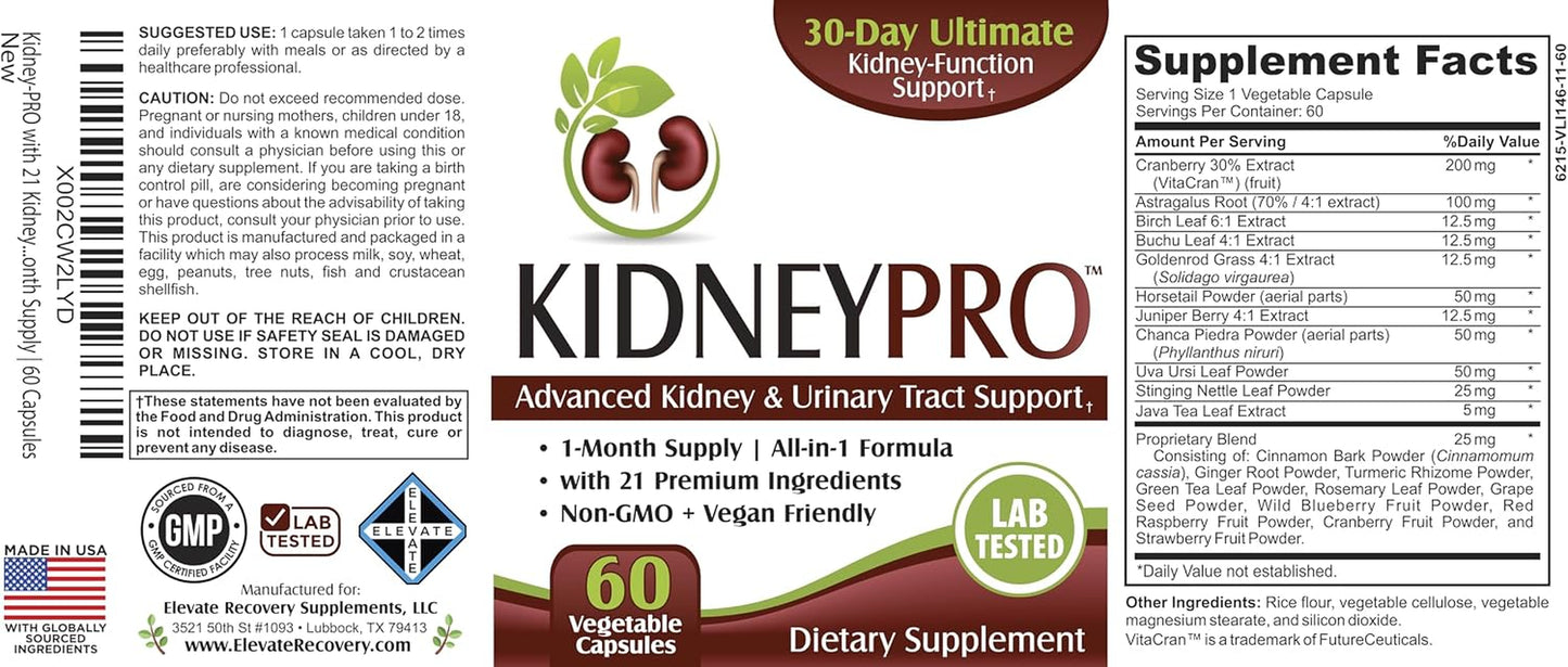 Kidneypro: with 21 Kidney Health Support Supplements in 1 Formula | Men & Women | Kidney Supplement Complex | 60 Capsules