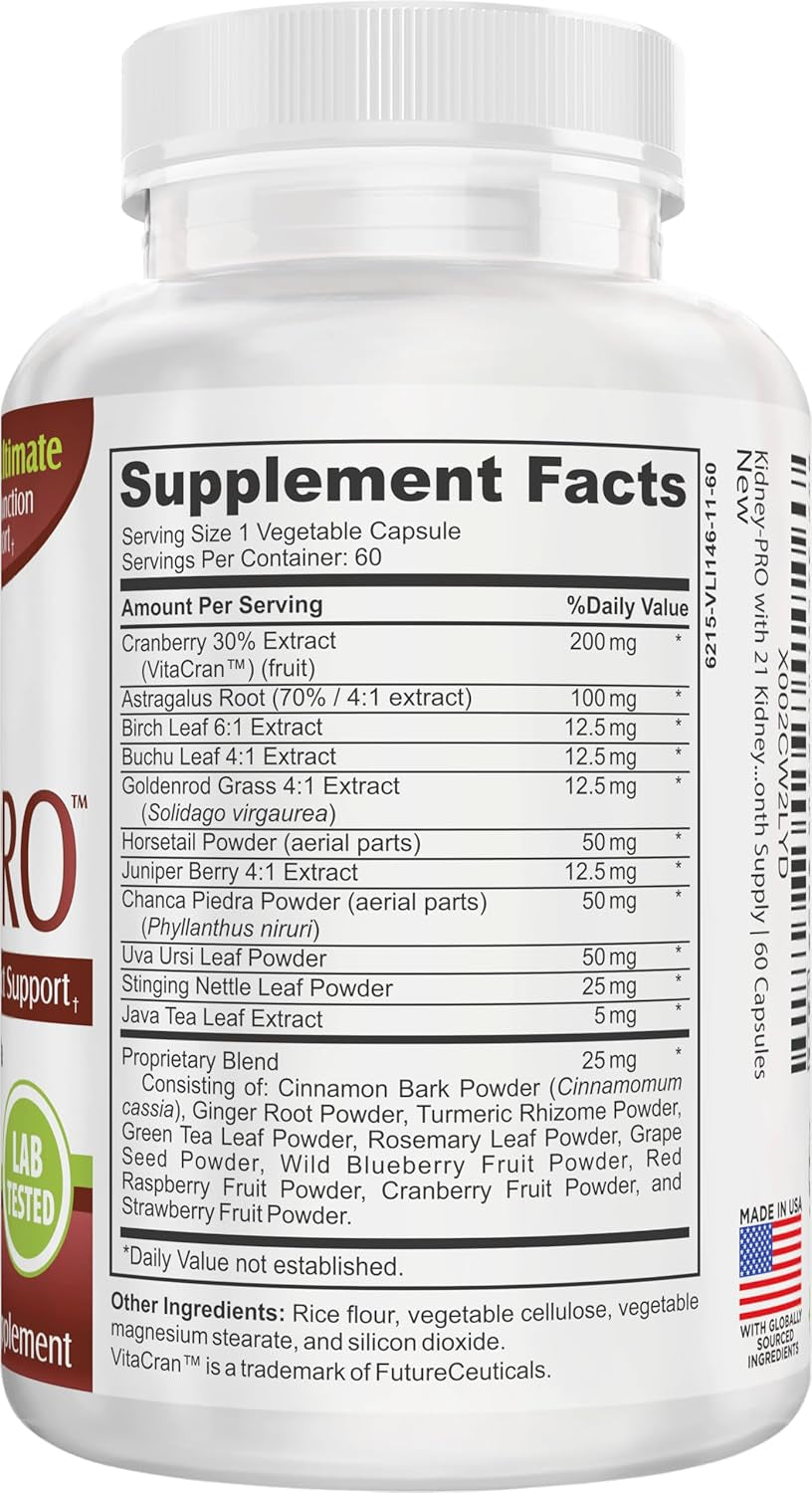 Kidneypro: with 21 Kidney Health Support Supplements in 1 Formula | Men & Women | Kidney Supplement Complex | 60 Capsules